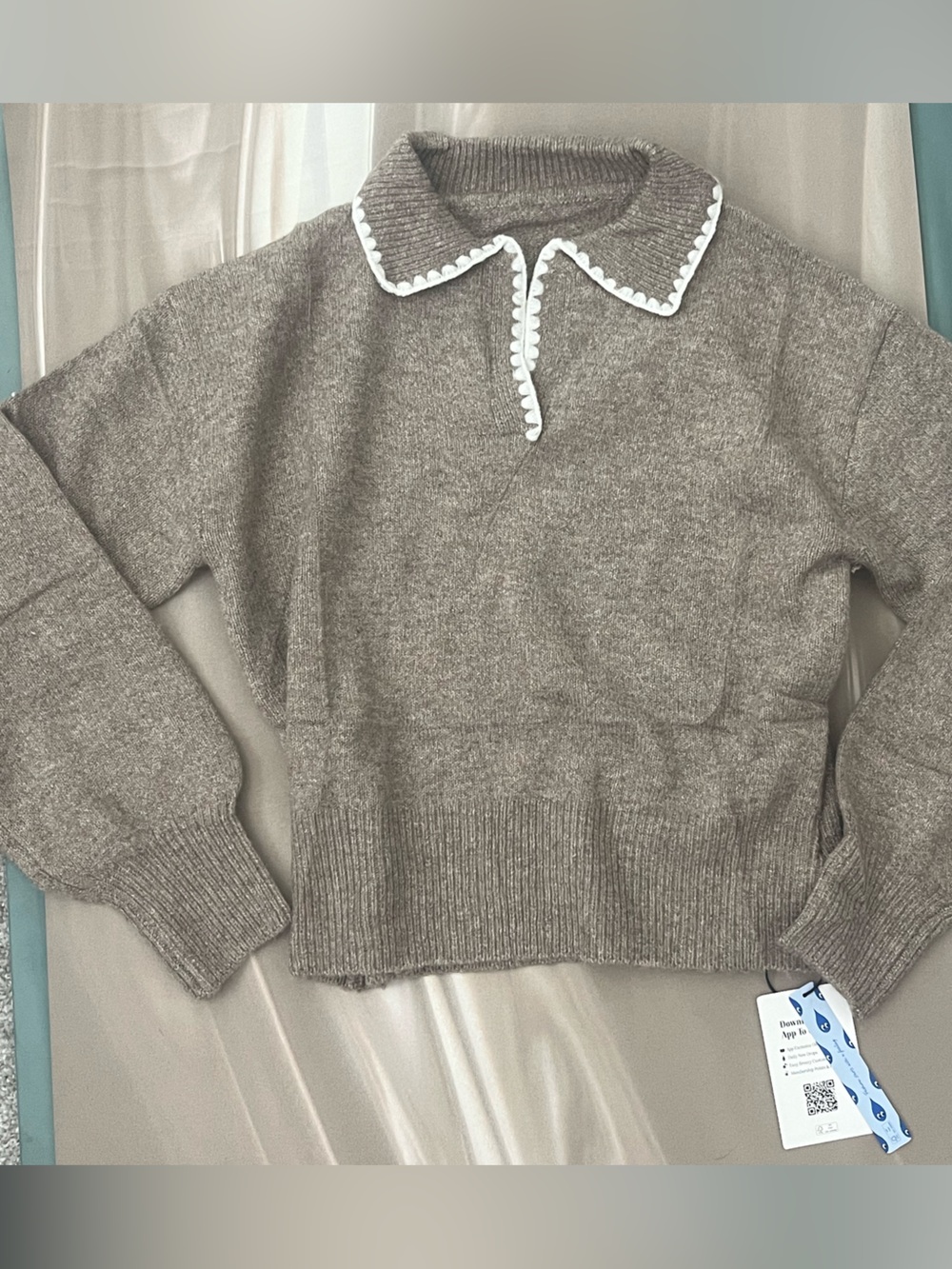 Womens Brown Wool Blend Cozy Fall Winter Crop Knit Sweater with Contrast Trim
